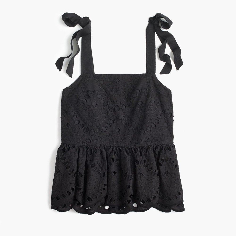J Crew Tie Shoulder Eyelet Top Black